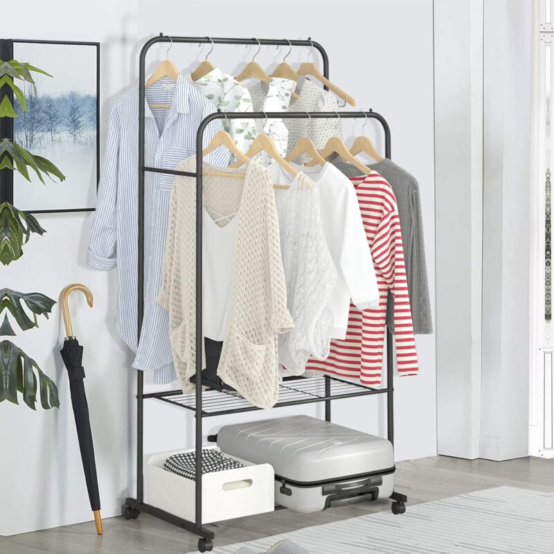 foto del prodotto stand appendiabiti con ruote appendiabiti armadio aperto metallo da terra nero - unho