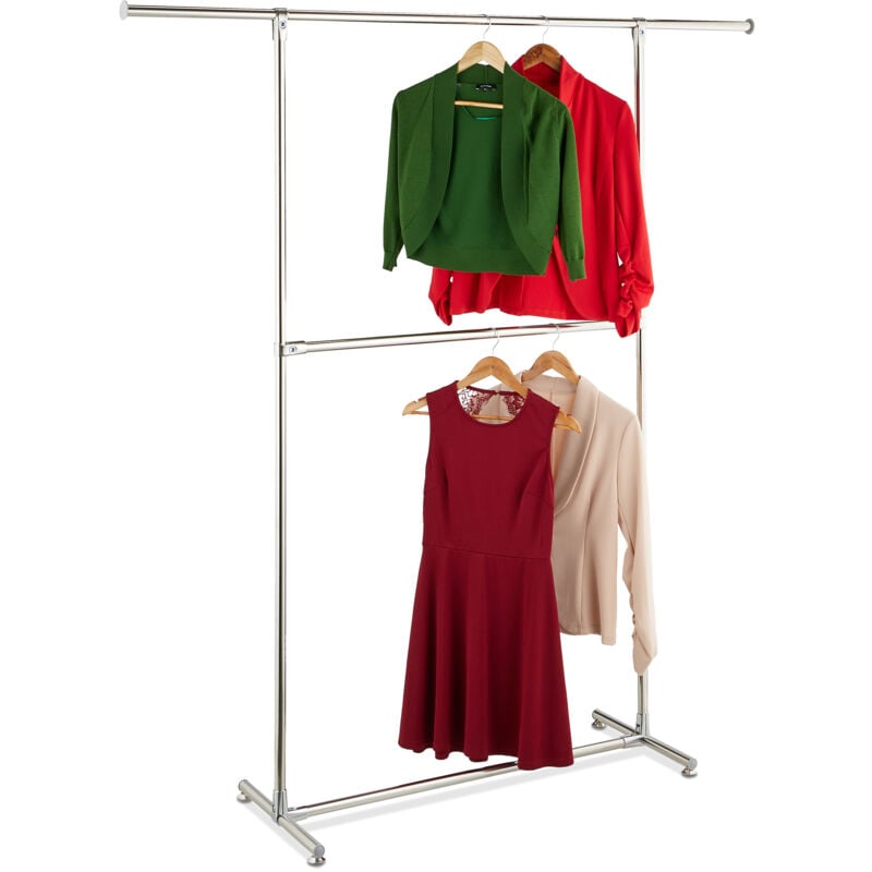 foto del prodotto stand appendiabiti da terra, 2 barre attaccapanni, appendi abiti hxlxp 182x171x42 cm acciaio inox, argentato relaxdays