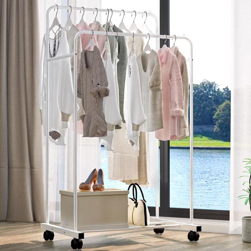 foto del prodotto stand appendiabiti da terra attaccapanni abiti in metallo con ruote bianco armadio aperto canne doppie 80x51x155cm