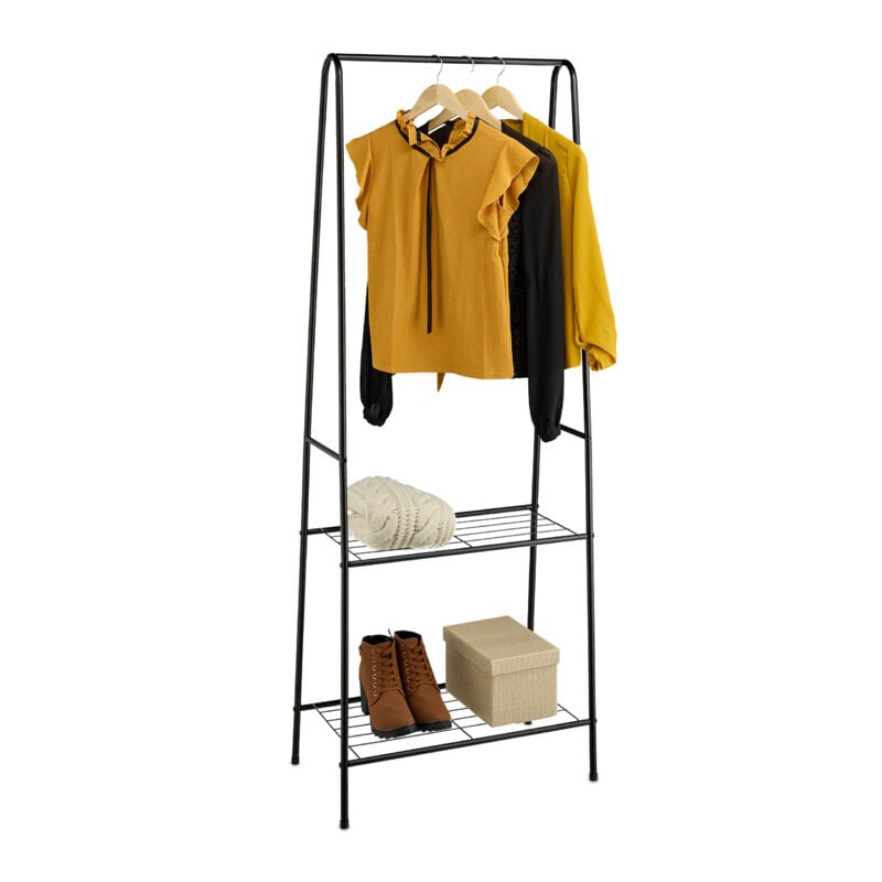foto del prodotto stand appendiabiti da terra, guardaroba appendi abiti da ingresso e camera, 2 ripiani, 162x60,5x35 cm, nero relaxdays