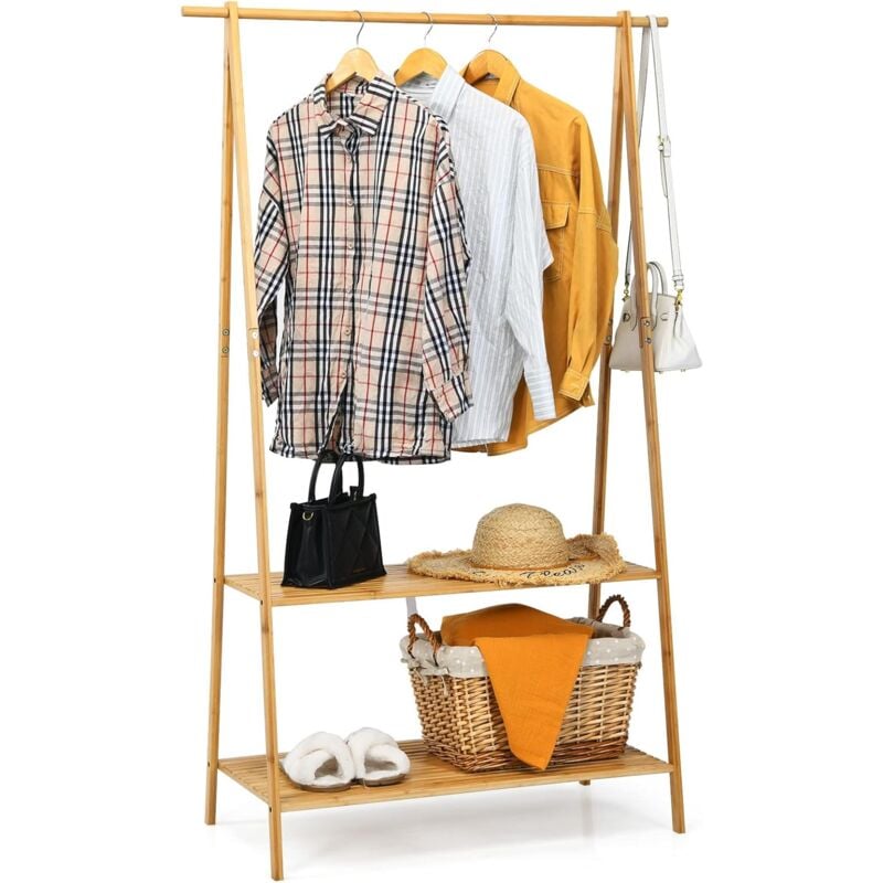 foto del prodotto stand appendiabiti in bamb , rella appendiabiti con 2 ripiani, salvaspazio e resistente, ideale per ingresso camera da letto, naturale costway