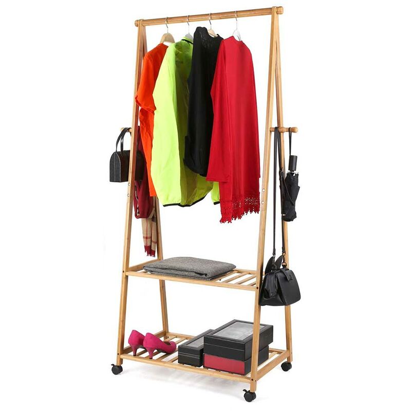 foto del prodotto stand appendiabiti in legno di bambu 70x33x153cm camera letto ruote 2 ripiani