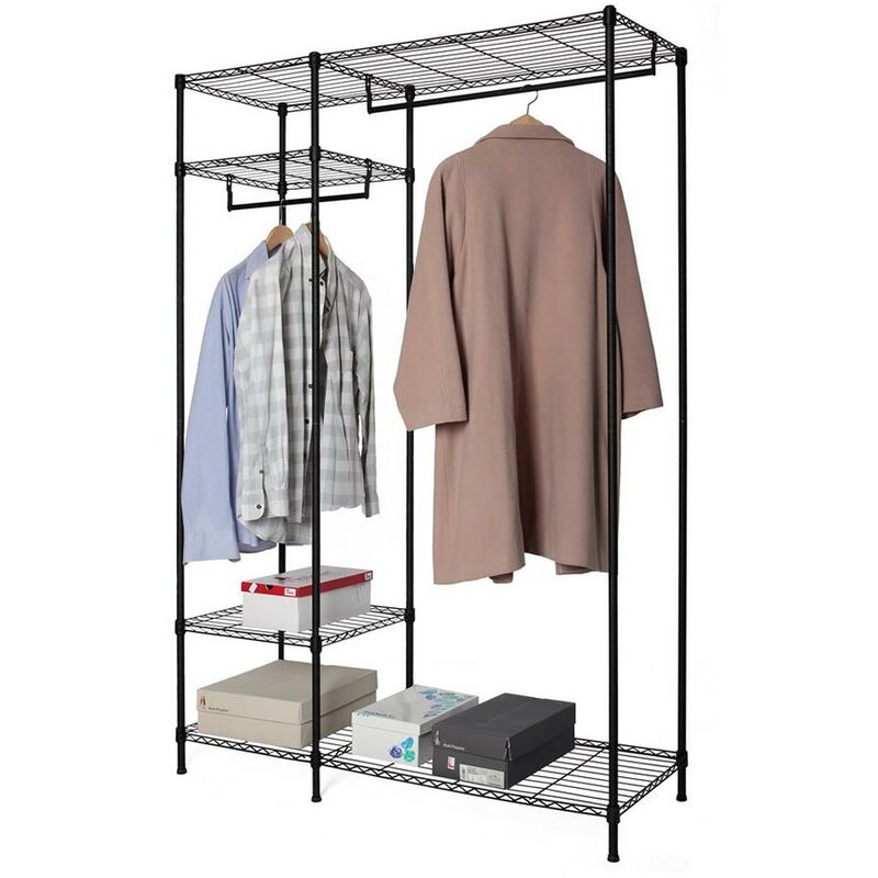 foto del prodotto stand appendiabiti in metallo nero con ripiani 120x45x180 cm