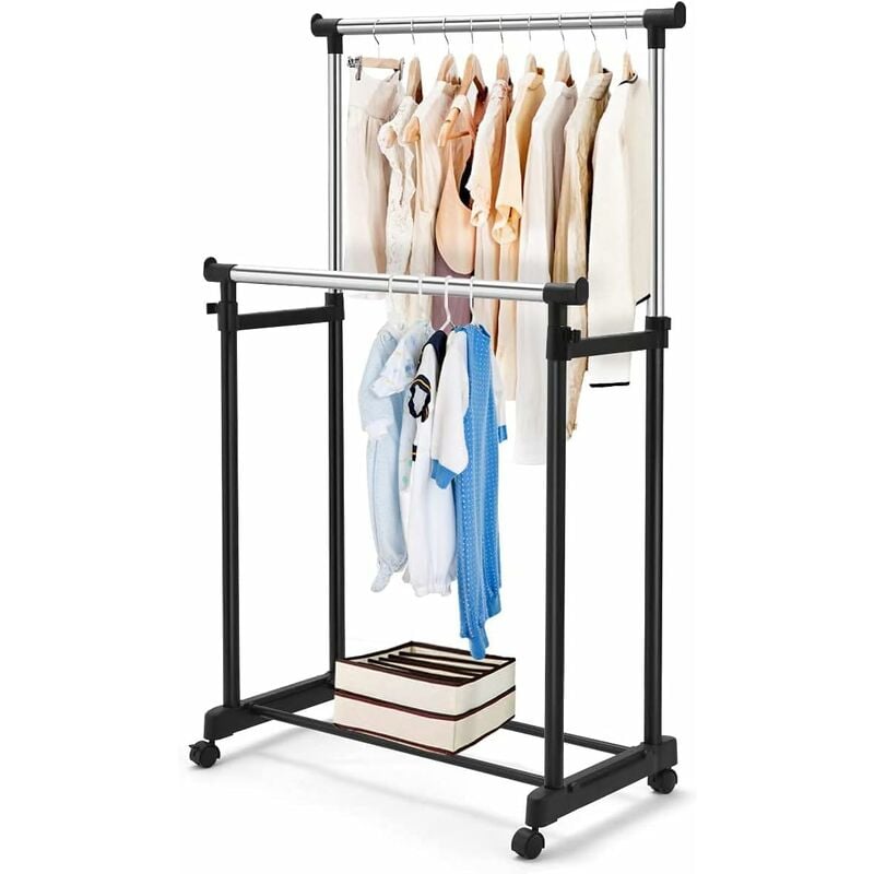 foto del prodotto stand appendiabiti multiuso in metallo, porta abiti con ruote, appendiabiti doppio con altezza regolabile, 86x43x94 168 cm costway