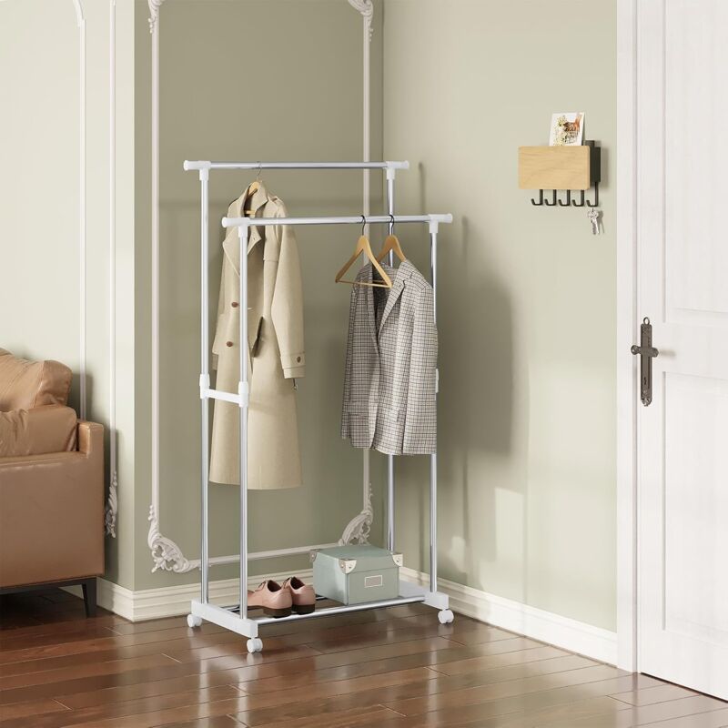 foto del prodotto stand appendiabiti portabiti con ruote da terra doppia asta attacapanni 75,5 151,5 x 94 171 x42 cm, argentato bianco woltu
