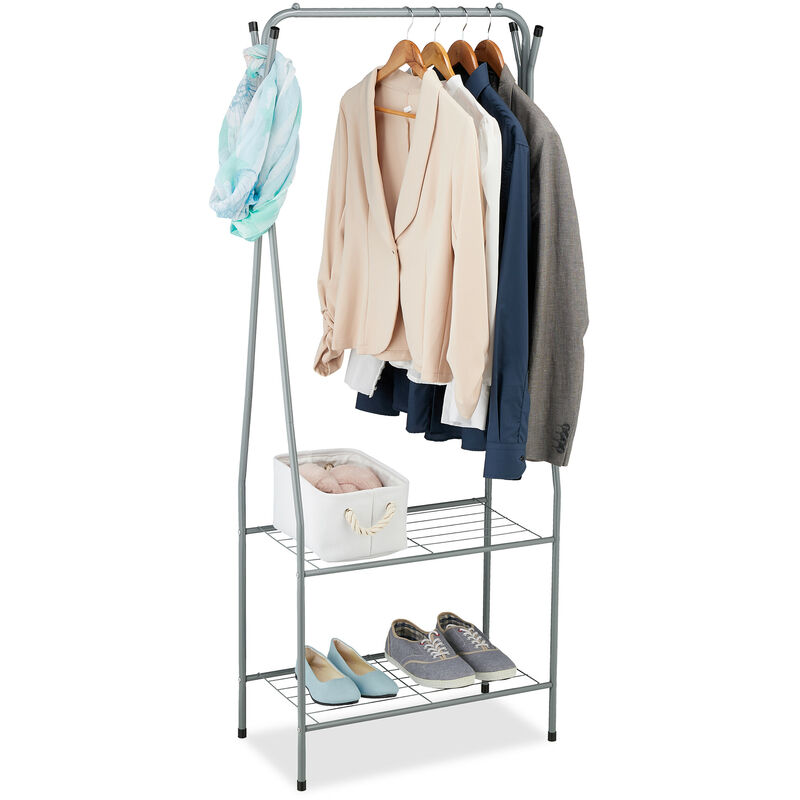 foto del prodotto stand appendiabiti salvaspazio, 2 ripiani e 6 ganci, camera da letto e corridoio, hlp 158 x 60 x 33 cm, grigio relaxdays