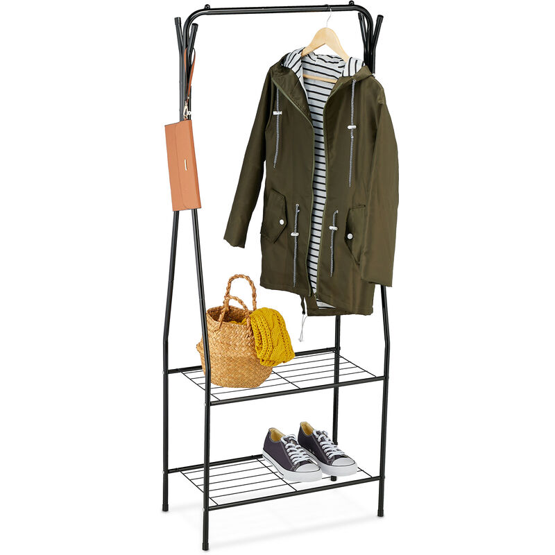 foto del prodotto stand appendiabiti salvaspazio, 2 ripiani e 6 ganci, camera da letto e corridoio, hlp 158 x 60 x 33 cm, nero relaxdays