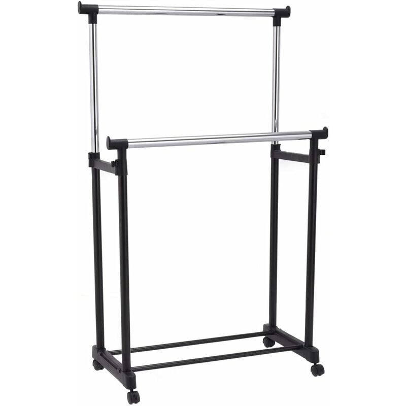 foto del prodotto stand appendiabitia doppia asta con ruote, porta abiti autoportante con portascarpe,attaccapanni in acciaio e plastica per negozio, casa, balconee
