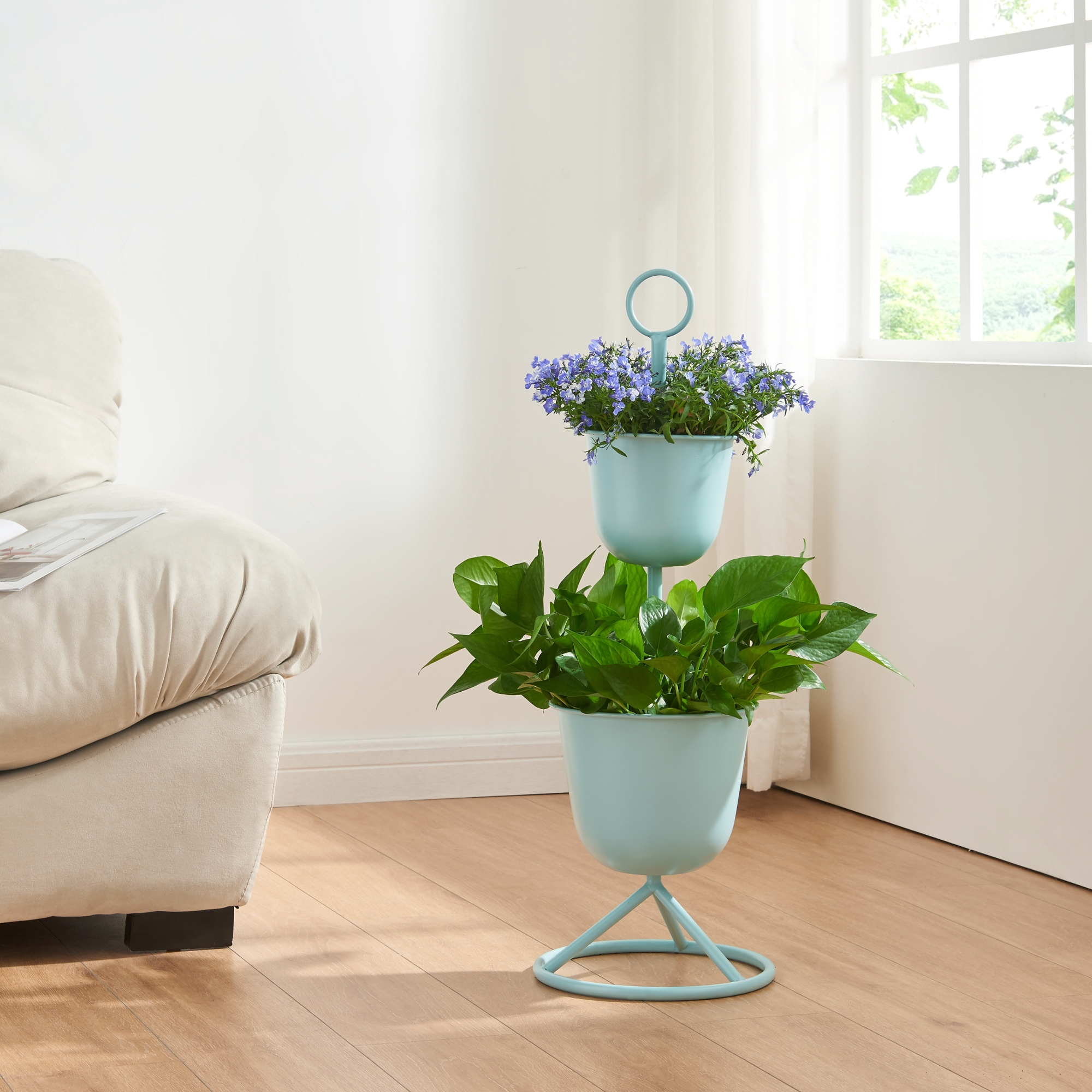 foto del prodotto stand portapiante alphen con 2 vasi azzurro en.casa 