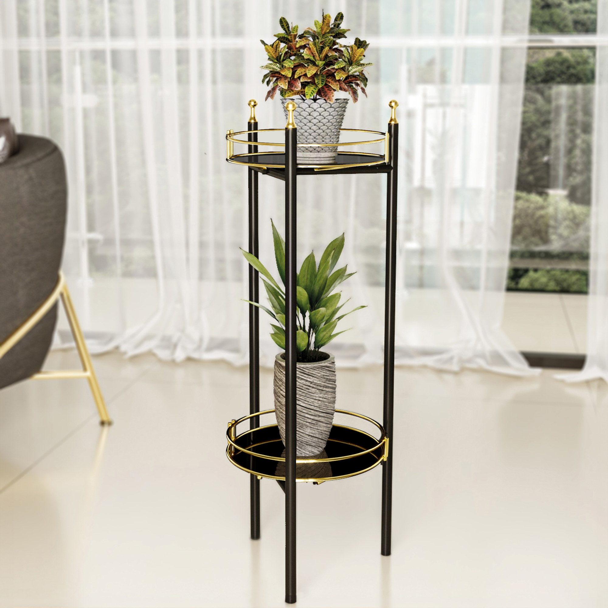 foto del prodotto stand portapiante oulainen con 2 piani portavasi nero oro en.casa 