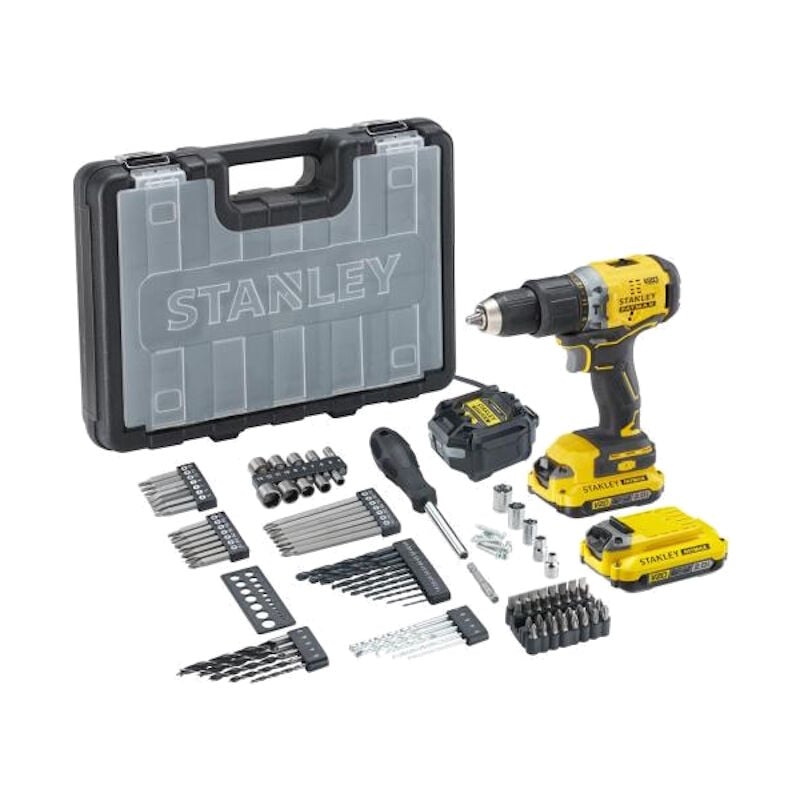 foto del prodotto stanley fatmax kit trapano avvitatore percussione 18v brushless, 2 batterie, 100 accessori