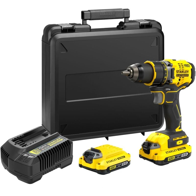foto del prodotto stanley fatmax sfmcd720d2k qw trapano avvitatore brushless 18v 80nm serie v20 con 2 batterie li ion 18 v 2,0 ah, 1 caricabatterie e 1 valigetta di