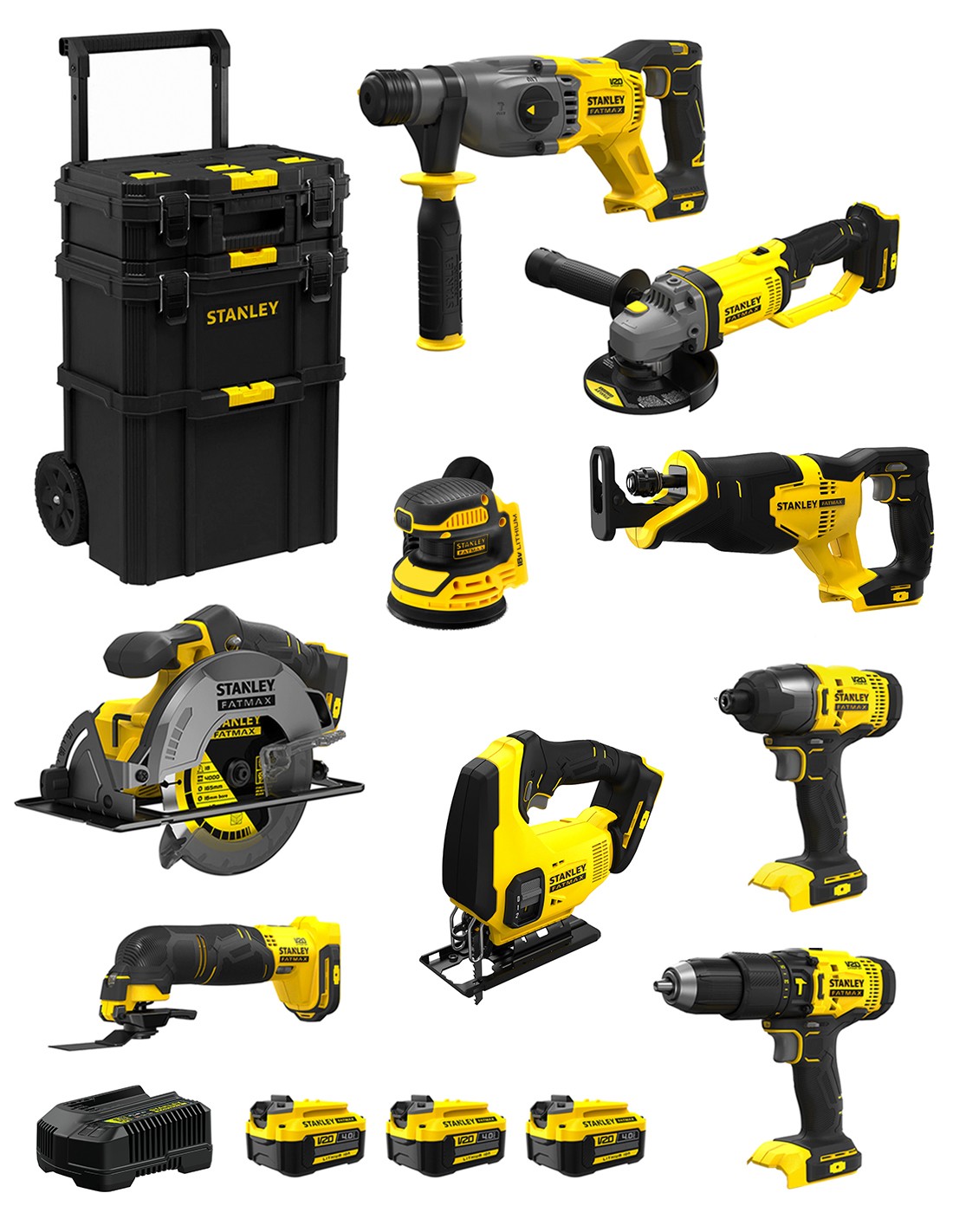 foto del prodotto stanley fatmax v20 stanley fatmax kit svk901 sfmch900 sfmcg400 sfmcd711 sfmcf800 sfmcs500 sfmcs600 sfmcw220 sfmcs300 sfmce500 3 x 4,0ah caddy 8435587919681