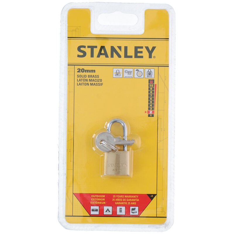 foto del prodotto stanley lucchetto con chiave ottone arco 2 cm 