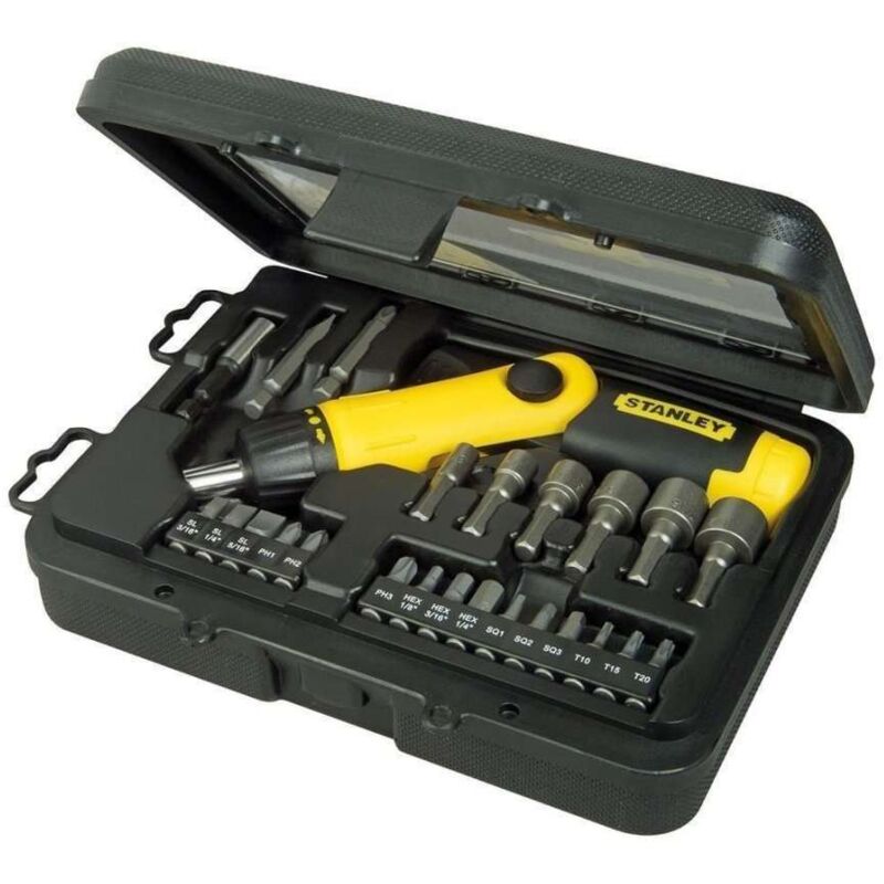 foto del prodotto stanley set 25 pz giravite a cricchetto impugnatura a pistola, bloccaggio 3 posizioni, inserti standard, phillips, torx, esagonali