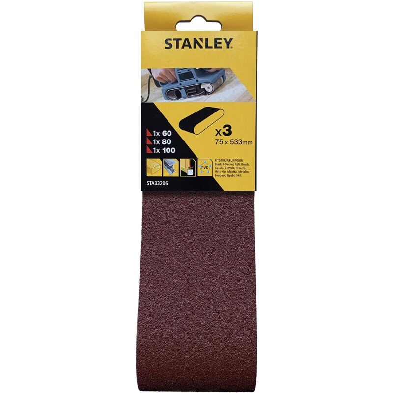 foto del prodotto stanley set di nastri abrasivi per levigatrice a nastro 75 x 533 mm, 1 x k60, 1 x k80, 1 x k100, adatto per levigatrice a nastro black decker