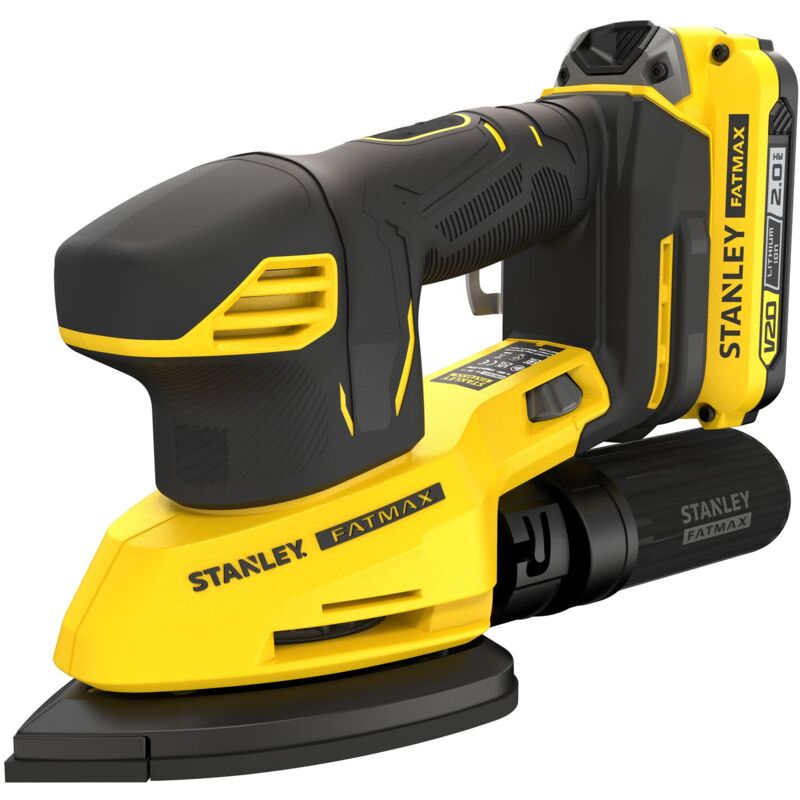 foto del prodotto stanley smerigliatrice a batteria 18v fatmax serie v20 con 12000 giri min, 1 batteria da 2ah, 1 caricabatterie da 2a, in una custodia morbida per