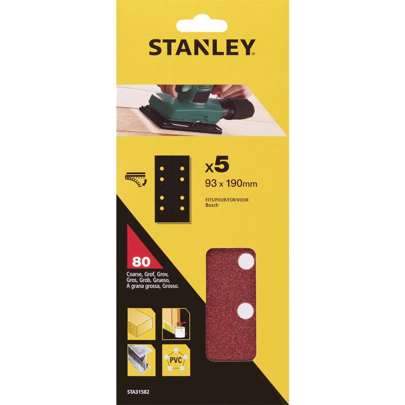 foto del prodotto stanley sta31582 cf 5 fogli abrasivi a strappo 93x190 mm grana 80 per levigatrice