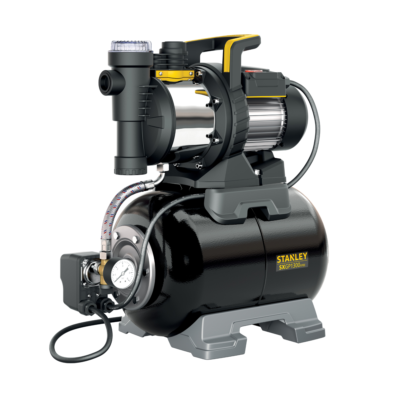 foto del prodotto stanley sxgp1300xfbe pompa autoadescante con serbatoio per acque chiare 1.300 w, portata max. 4.200 l h, prevalenza max. 50 m
