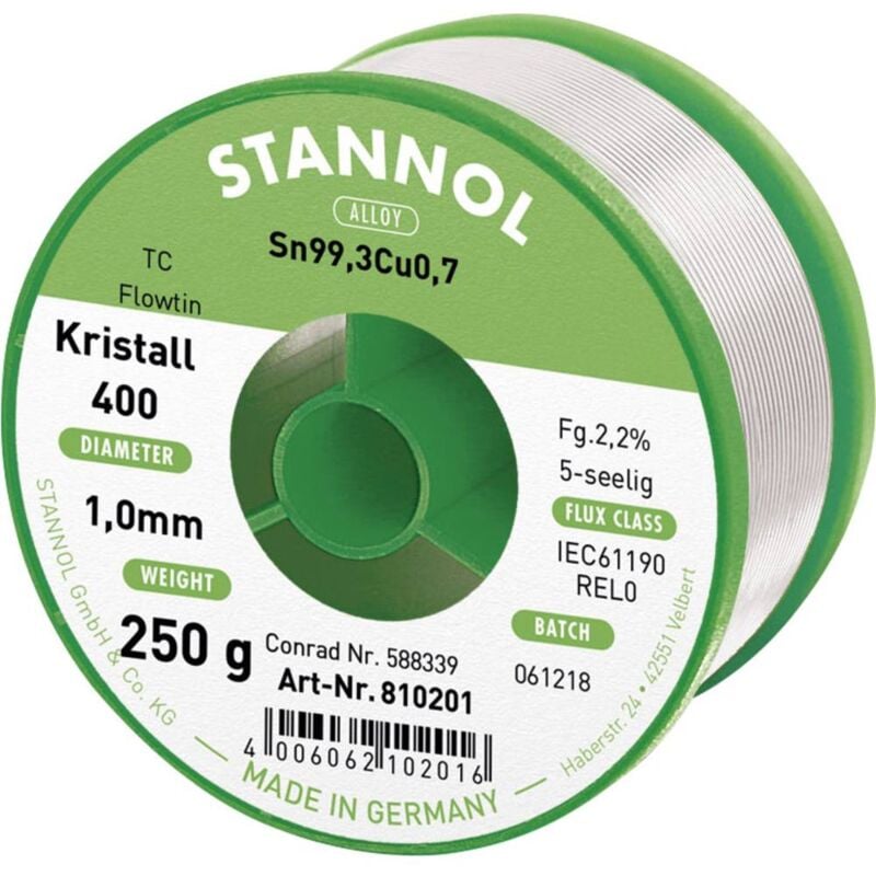 foto del prodotto stannol ecology tc stagno senza piombo bobina sn99,3cu0,7 rel0 250 g 1 mm