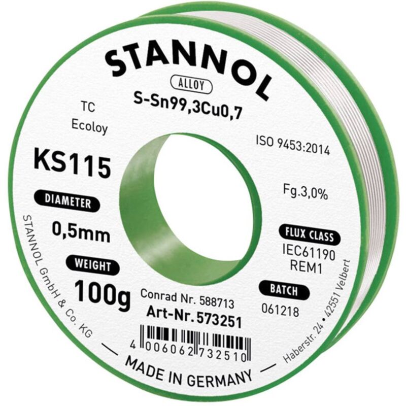 foto del prodotto stannol ks115 stagno senza piombo bobina sn99,3cu0,7 rom1 100 g 0.5 mm