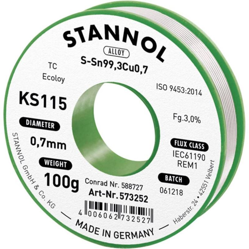 foto del prodotto stannol ks115 stagno senza piombo bobina sn99,3cu0,7 rom1 100 g 0.7 mm
