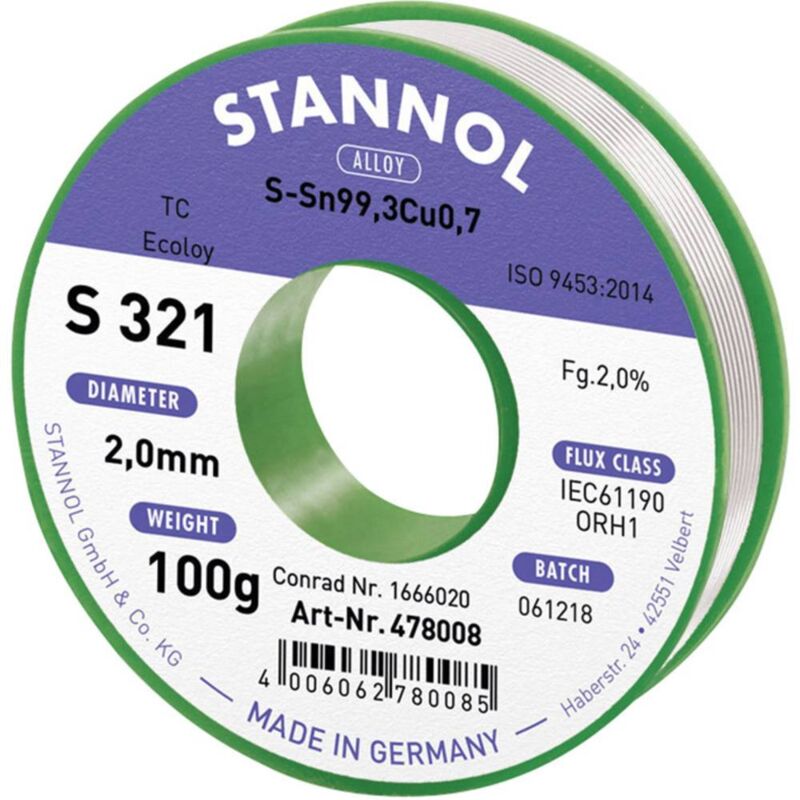 foto del prodotto stannol s321 2,0 2,0mm sn99,3cu0,7 cd 100g stagno senza piombo senza piombo, bobina sn99,3cu0,7 orh1 100 g 2 mm