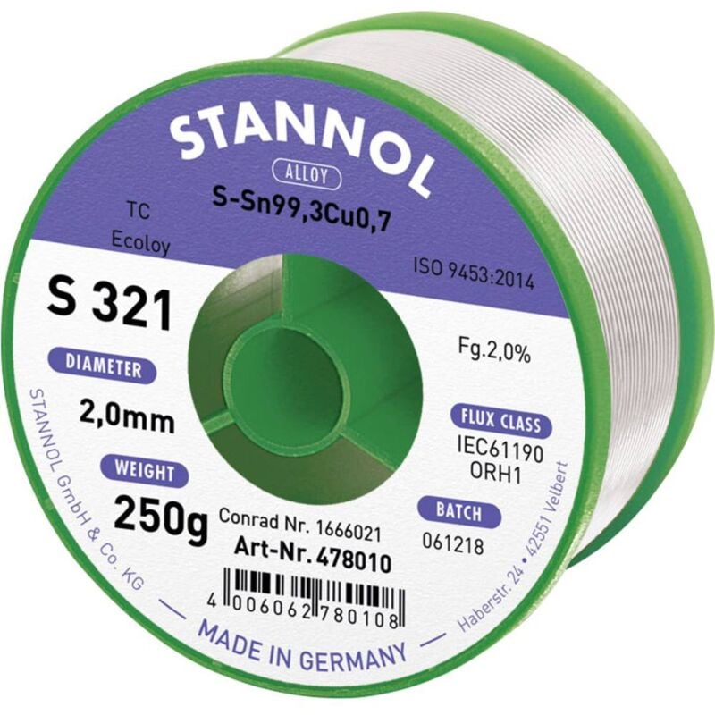 foto del prodotto stannol s321 2,0 2,0mm sn99,3cu0,7 cd 250g stagno senza piombo senza piombo, bobina sn99,3cu0,7 orh1 250 g 2 mm
