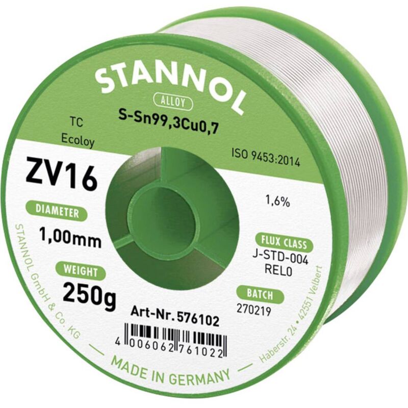 foto del prodotto stannol zv16 stagno senza piombo senza piombo sn99,3cu0,7 rel0 250 g 1 mm