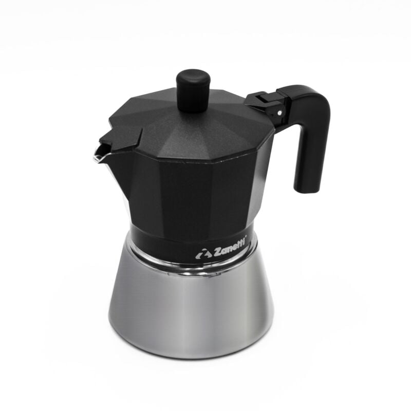 foto del prodotto star caffettiera moka induzione sei tazze, espresso con caldaia in acciaio inox e manici ergonimici, adatta ai piani a induzione 6 tazze colore nero