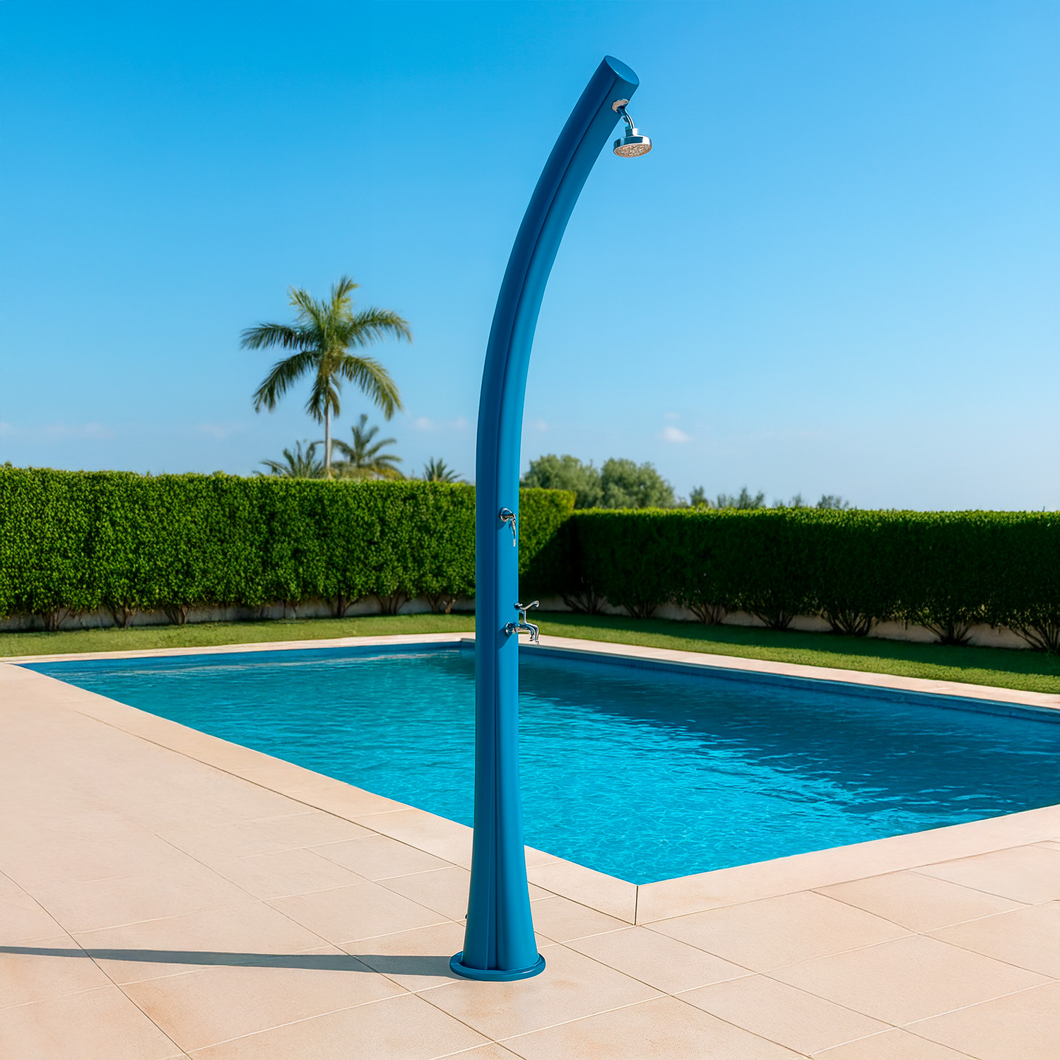 foto del prodotto starmatrix rio doccia a riscaldamento solare curva in polietilene serbatoio 25 l con lavapiedi blu soffione rotondo serbatoio 25 litri con lavapiedi accessori e rubinetti in ottone