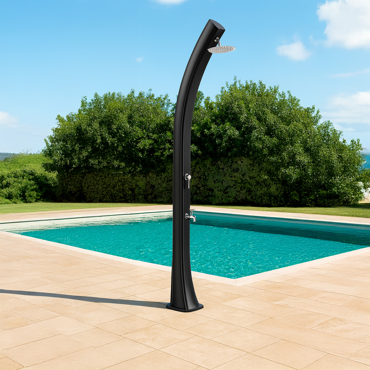 foto del prodotto starmatrix rio xxl doccia a riscaldamento solare curva in polietilene da 40 litri h 226 cm nero soffione rotondo cm serbatoio 40 litri con lavapiedi