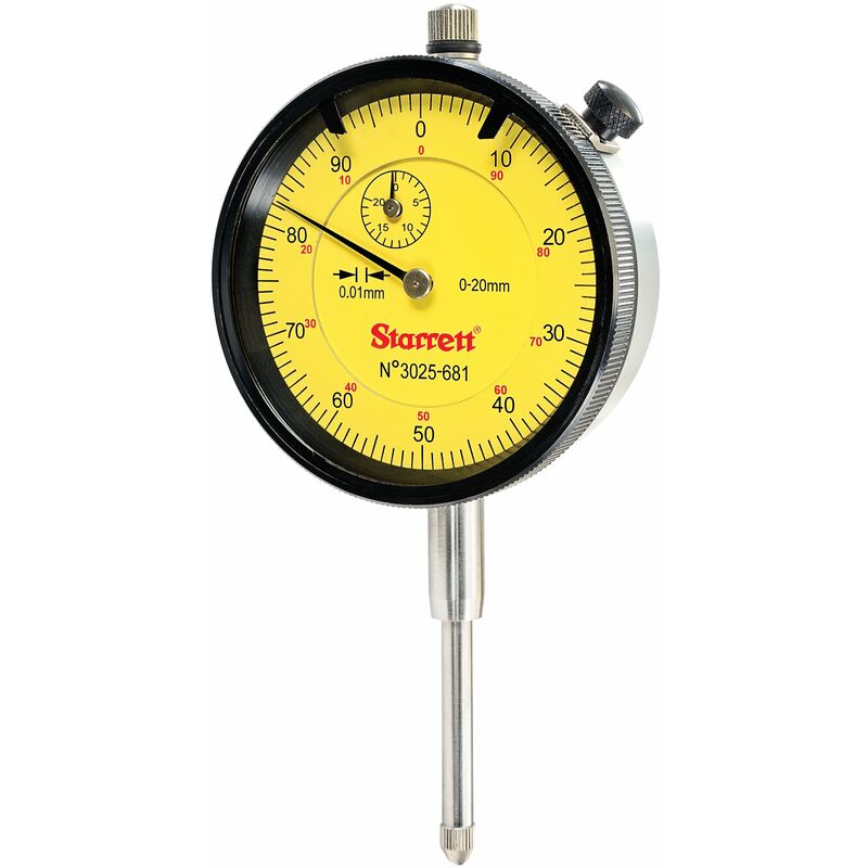foto del prodotto starrett 3025 681 indicatore a quadrante, area di misurazione 20 mm, scala 0,01 mm, sensibilit 0 100, colore quadrante giallo