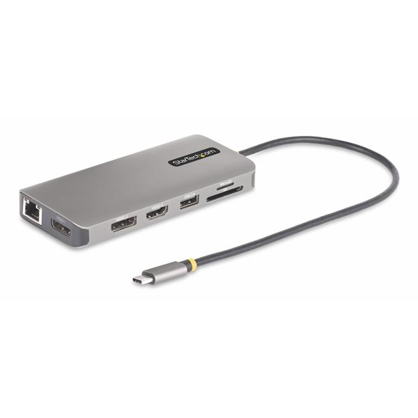 foto del prodotto startech.com adattatore multiporta usb c a tre monitor, hdmi displayport, hub 4x usb, 100w pd, gbe, lettore di schede sd microsd