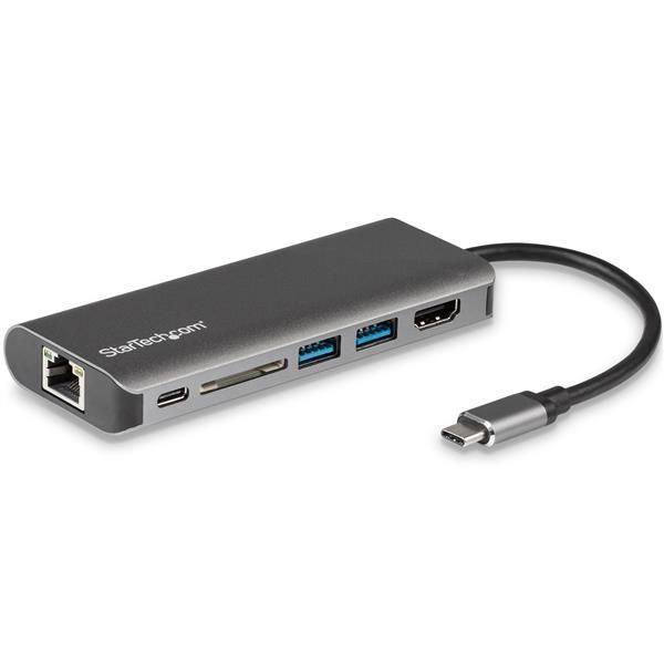 foto del prodotto startech.com adattatore multiporta usb c, dock usb-c portatile con hdmi 4k, hub 3x usb 3.0, sd sdhc, gbe, pd 60 w pass-through - usb tipo-c thunderbolt 3 - sostituito da dkt30chsdpd1 - dkt30csdhpd