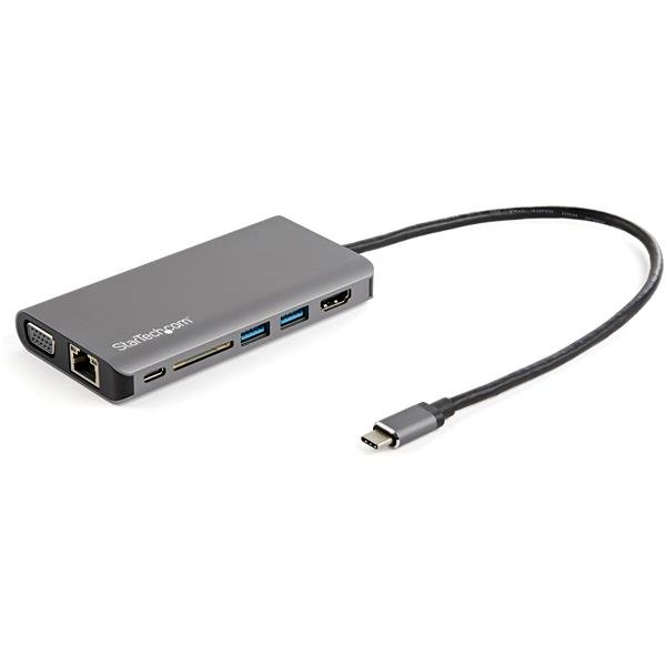 foto del prodotto startech.com adattatore multiporta usb c mini dock da viaggio usb c con hdmi 4k o vga 1080p hub usb 3.0 3x, sd, gbe, audio, pass through pd da 100 w docking station portatile per laptop tablet