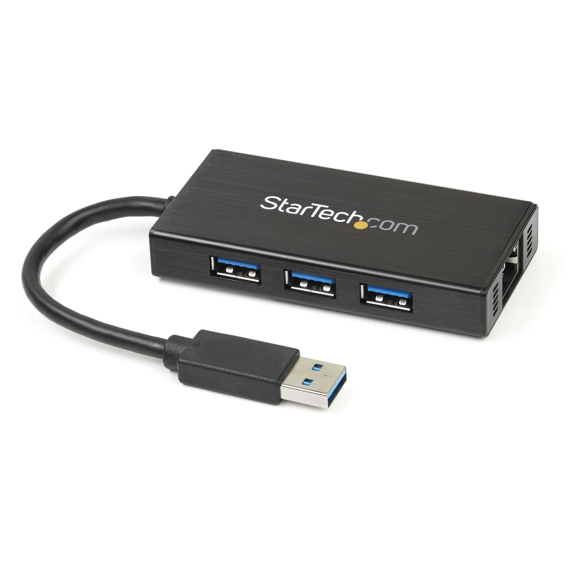 foto del prodotto startech.com hub usb 3.0 5gbps a 3 porte portatile con nic gigabit ethernet - in alluminio con cavo integrato - st3300gu3b