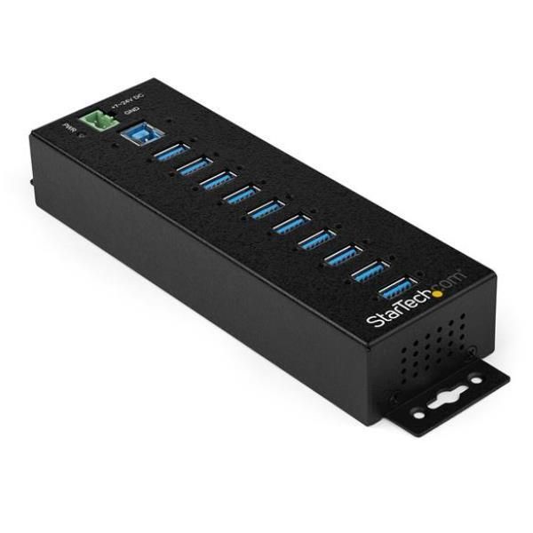 foto del prodotto startech.com hub usb 3.0 industriale a 10 porte con adattatore di alimentazione protezione contro le sovratensioni hub di trasferimento dati usb 3.0 industriale in metallo montabile su guida din, a parete o su scrivania