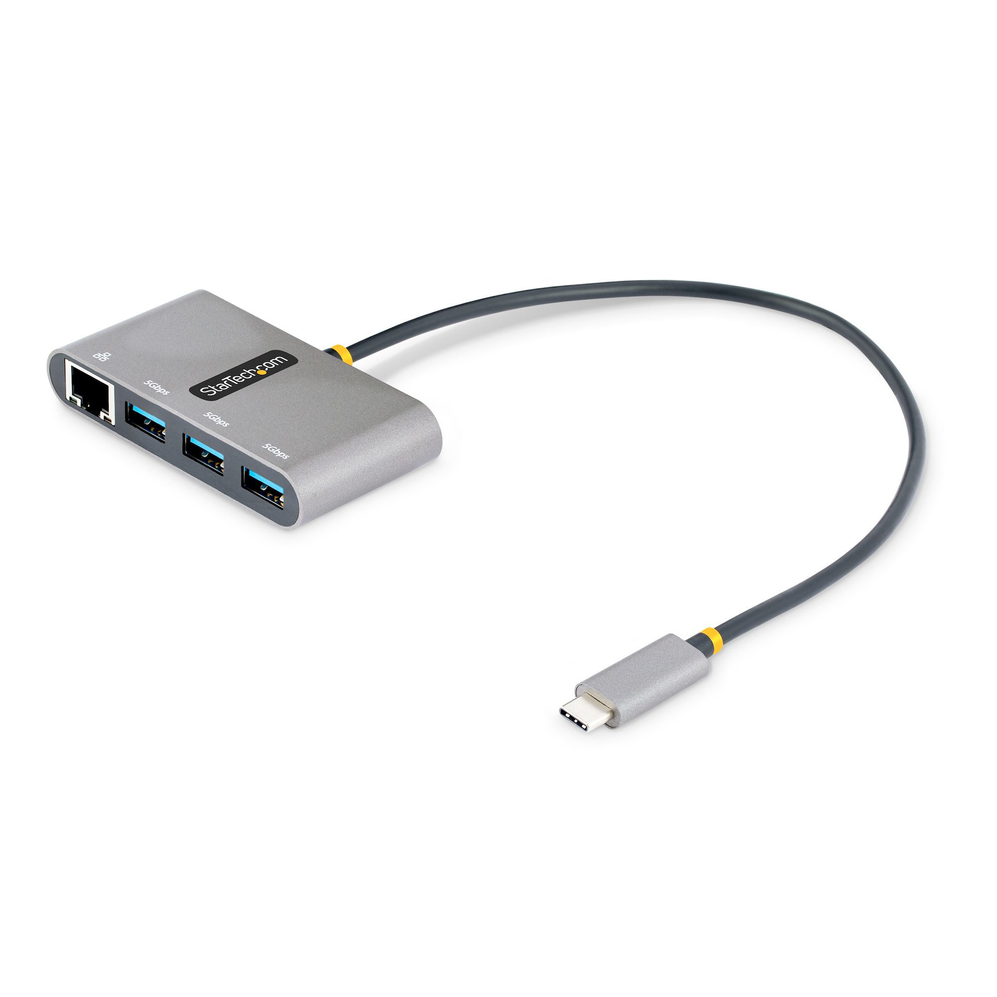 foto del prodotto startech.com hub usb c con ethernet a 3 porte adattatore usb type c con 3x usb a e 1x ethernet gigabit splitter usb c alimentato da bus usb 3.0 5gbps hub portatile usb c usb a cavo integrato da 30cm gbe