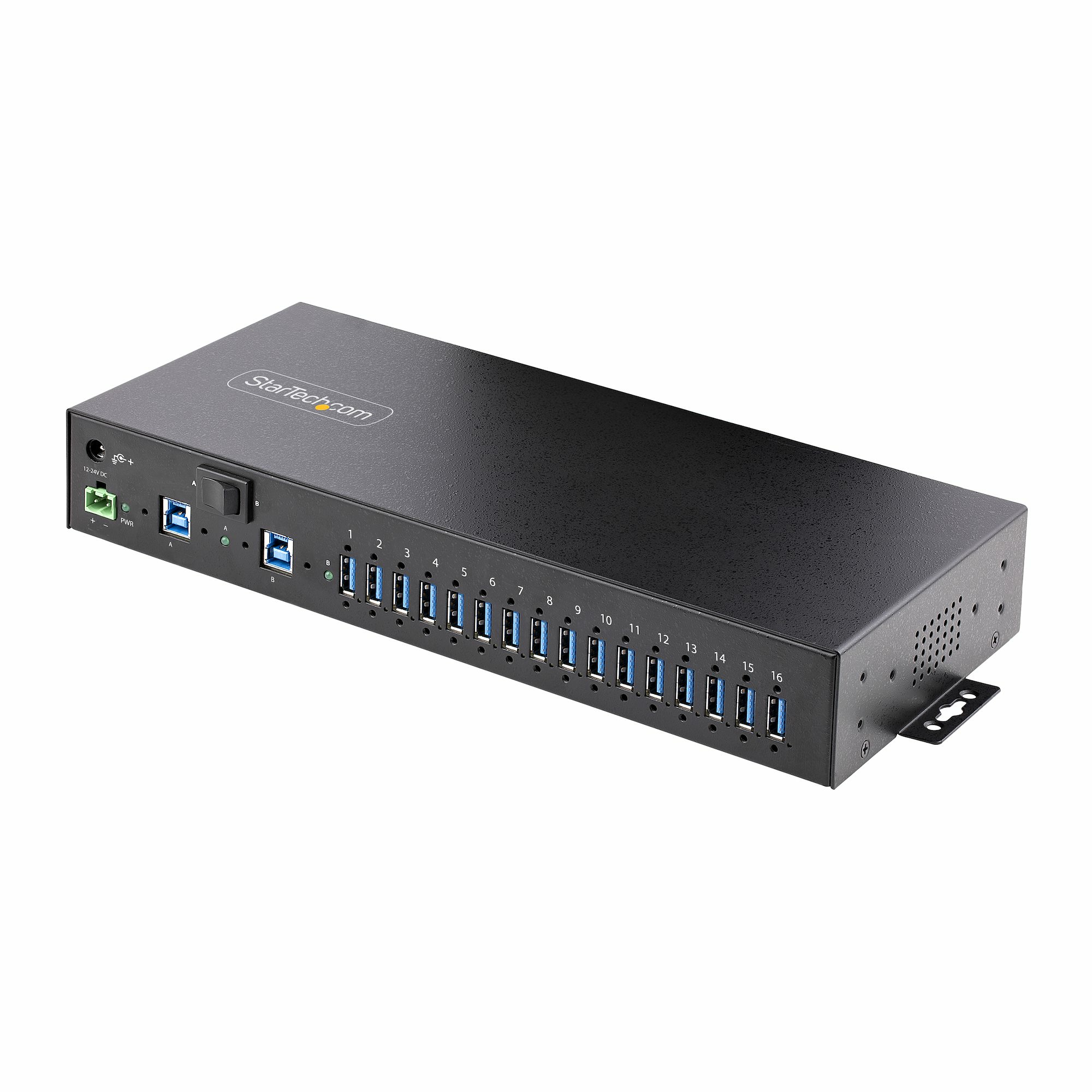 foto del prodotto startech.com hub usb industriale 5gbps a 16 porte con adattatore di alimentazione, enclosure in metallo, montabile, protezione esd, alimentazione a morsettiera, ricarica usb, switch per duplice host