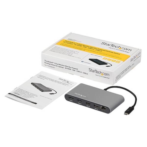 foto del prodotto startech.com mini dock thunderbolt 3 docking station portatile per doppio monitor hdmi 4k 60hz, hub 2x usb a 3.0 2.0 , gbe cavo 28cm adattatore multiporta tb3 mac windows