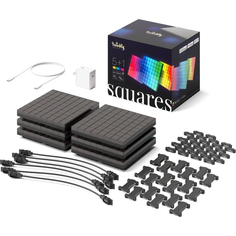 foto del prodotto starter kit twinkly squares - pannelli led controllati da app con 64 pixel rgb. nero. 1 piastrella principale 5 piastrelle di espansione twinkly