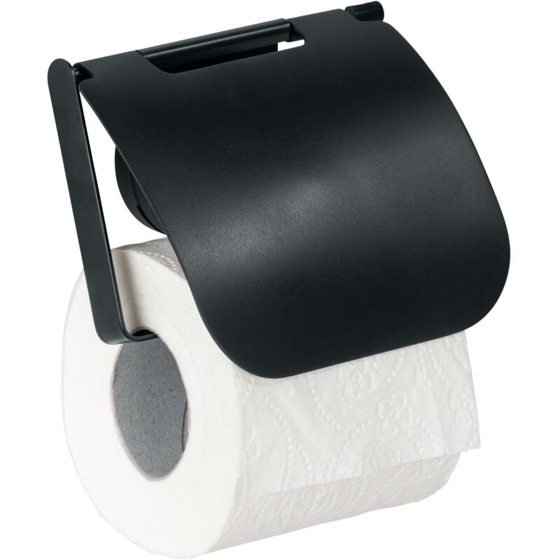 foto del prodotto static loc plus portarotolo per carta igienica con coperchio pavia nero, portarotolo wc, installazione senza foratura, nero, acciaio nero, plastica