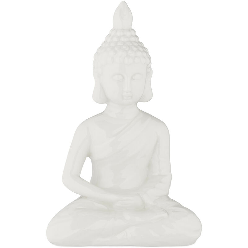 foto del prodotto statua buddha seduto, scultura alta 18 cm, figura decorativa, statuetta da giardino, ceramica antigelo, bianco relaxdays