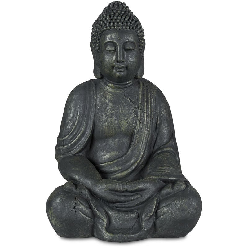 foto del prodotto statua del buddha seduto, figura da giardino alta 70 cm, resistente alle intemperie e gelo, poliresina, grigio relaxdays