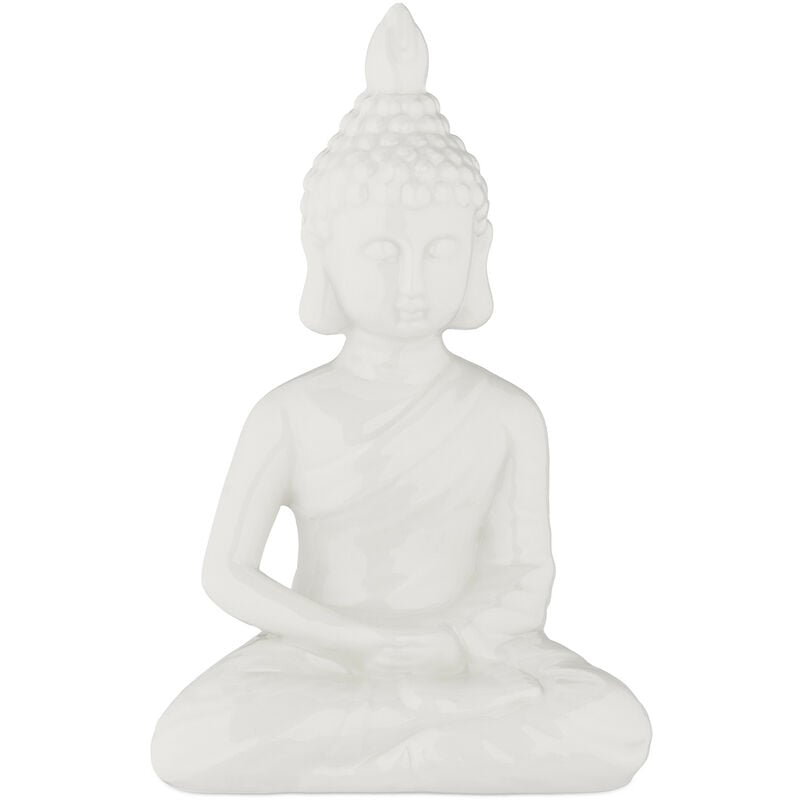 foto del prodotto statua del buddha seduto, figura h 17 cm, per interni ed esterni, resistente alle intemperie, ceramica, bianco relaxdays