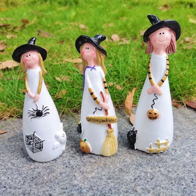 foto del prodotto statua della strega di halloween, classici cappelli da strega, gatto, fantasma, corvo e zucche, decorazione della stanza di halloween, simpatica