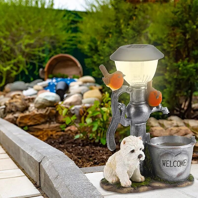 foto del prodotto statua di gatto ornamentale da giardino, luce solare, scultura di figurine di animali, luci di animali, ornamento decorativo, decorazioni per cani