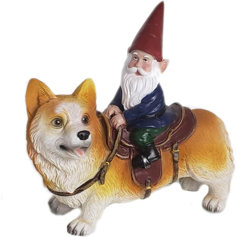 foto del prodotto statua di gnomo da giardino con tazze divertenti gnomo che cavalca un corgi scultura di gnomo da giardino per interni esterni per patio, cortile