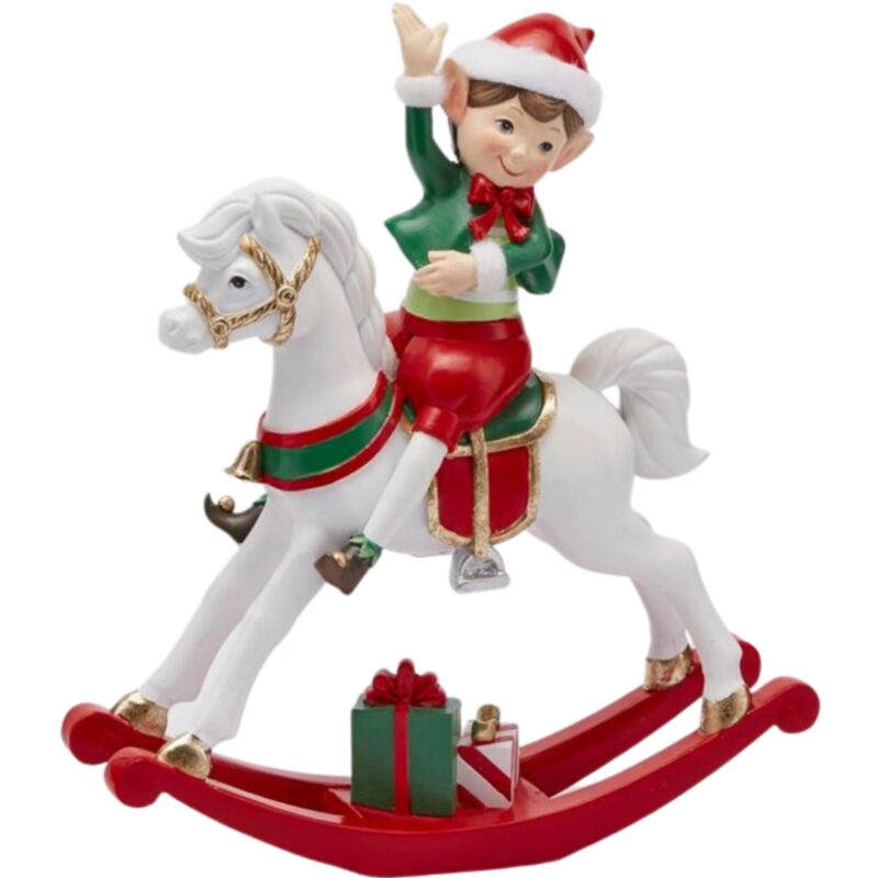 foto del prodotto statuetta a forma di elfo con cavallo in poliresina, color bianco e rosso, 20 x 6 x h 23 cm